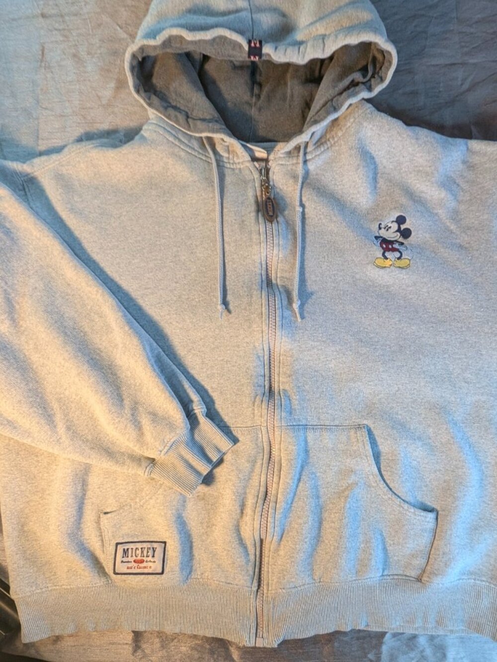 Vintage Disney Store Mickey Mouse Zip Up Hoodie Gray Embroidered 1928 Size M